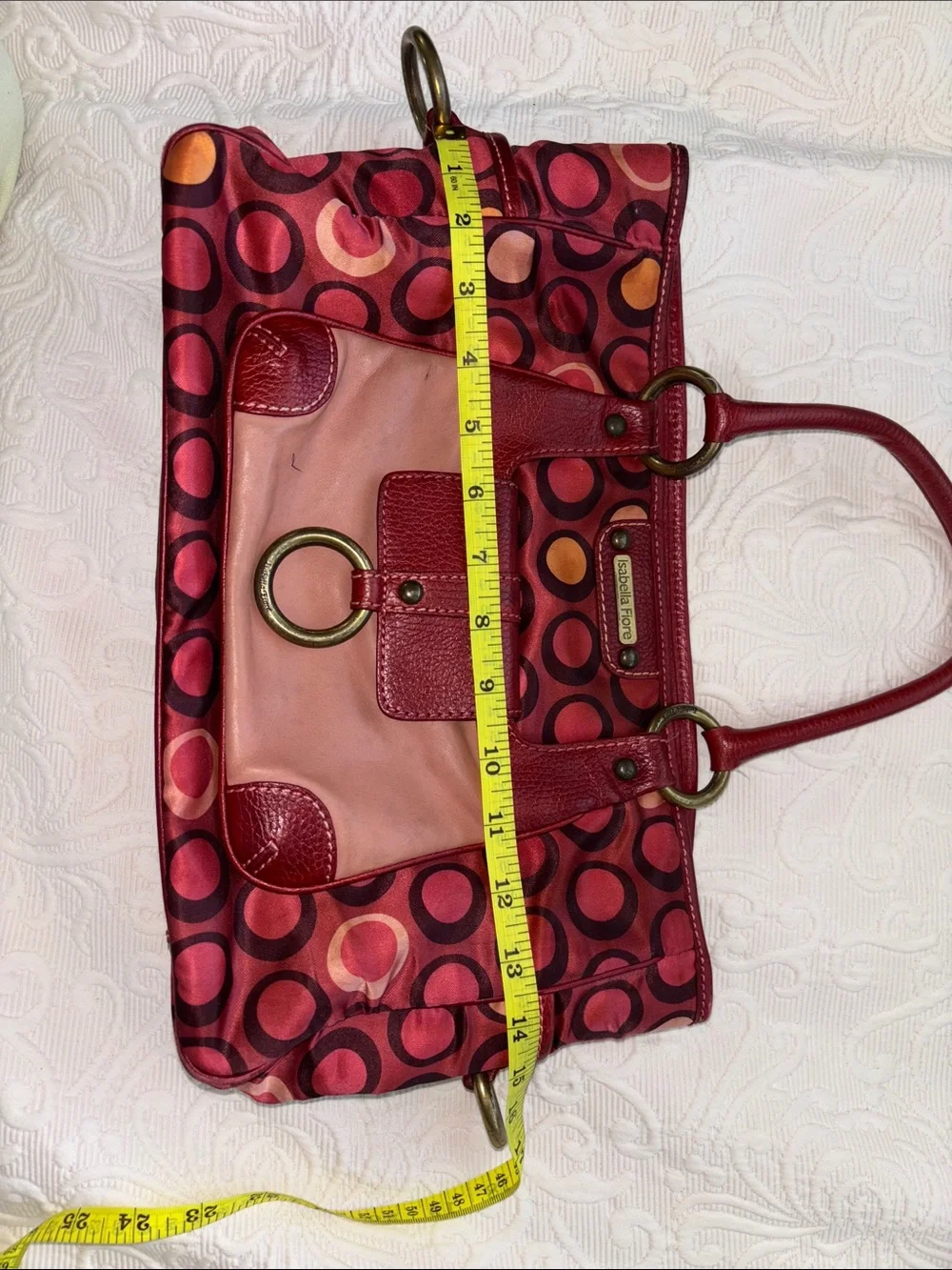 Isabella Fiore Red and Pink Circle-Print Tote with Ring Detail